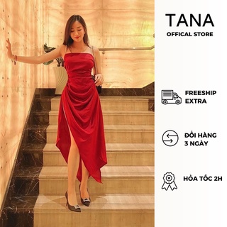 Đầm dự tiệc TANA D0310 đầm vạt xéo xẻ tà 2 dây cườm có 2 màu Đen và Đỏ mặc đi tiệc cưới hỏi, sinh nhật