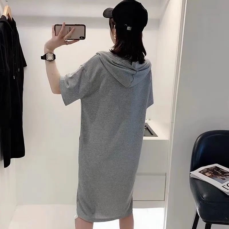 Đầm Hoodie Tay Ngắn Dáng Rộng Màu Trơn C9045 40-150KG Thời Trang Cho Nữ