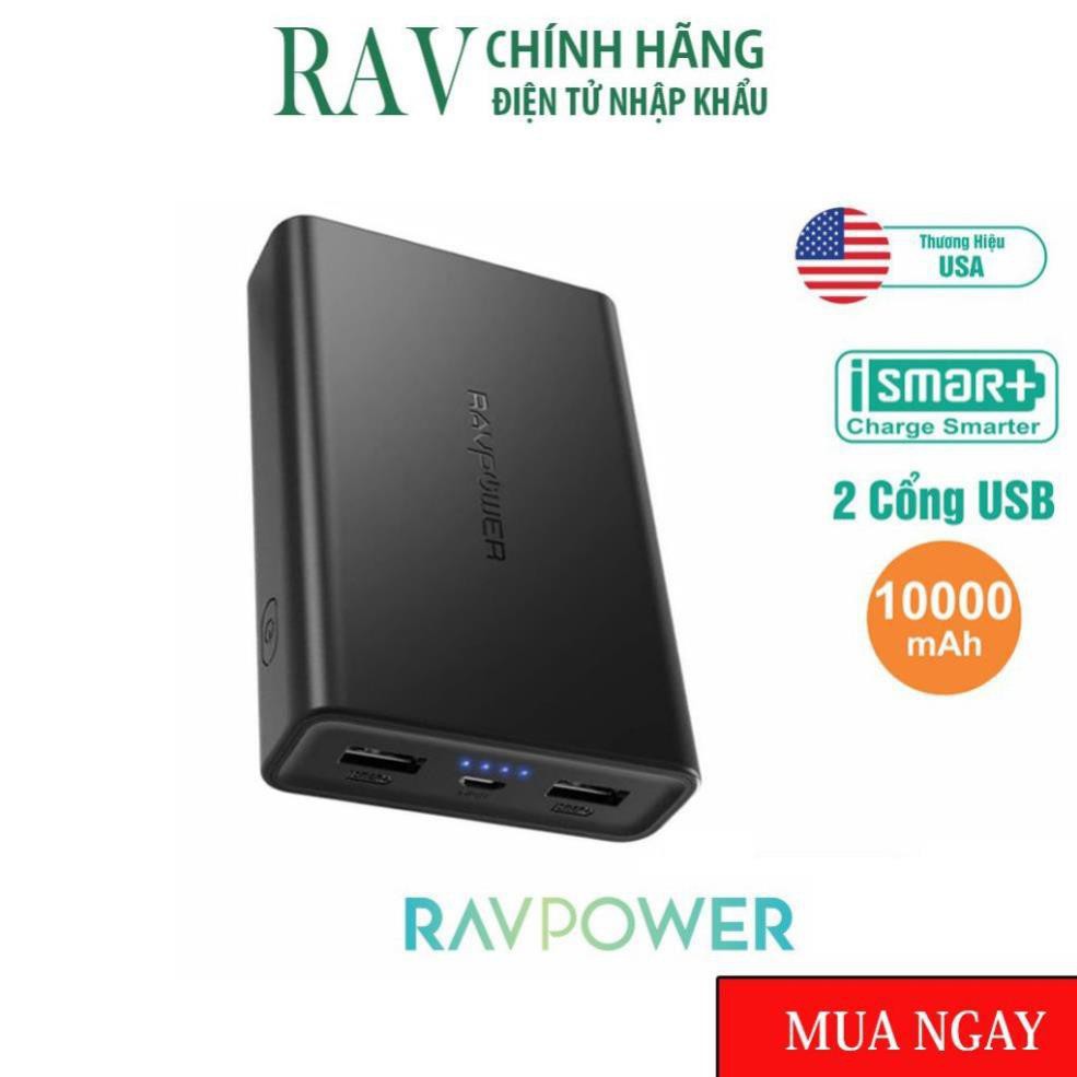 Pin Sạc Dự Phòng RAVPower 10000mAh RP-PB005 Power Bank Black- Thương hiệu USA- Hàng Chính hãng