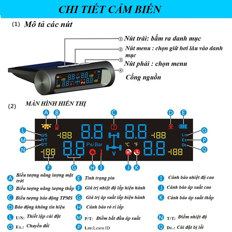 Chip nhập từ Đức} Cảm biến áp suất lốp ô tô, đồng hồ đo áp suất van trong hay van ngoài, dùng năng lượng mặt trời TPMS