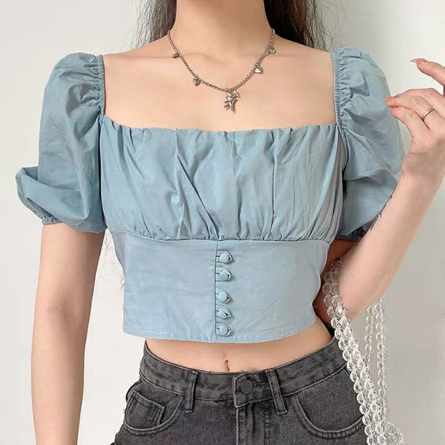 (SẴN) Áo croptop cổ vuông xanh da trời M9