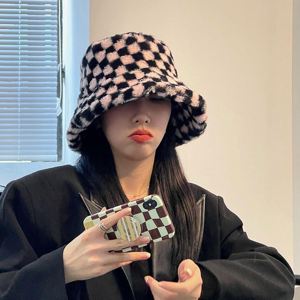 NICKOLAS Mũ Bucket Len Kẻ Sọc Caro Thời Trang Thu Đông Cho Nữ