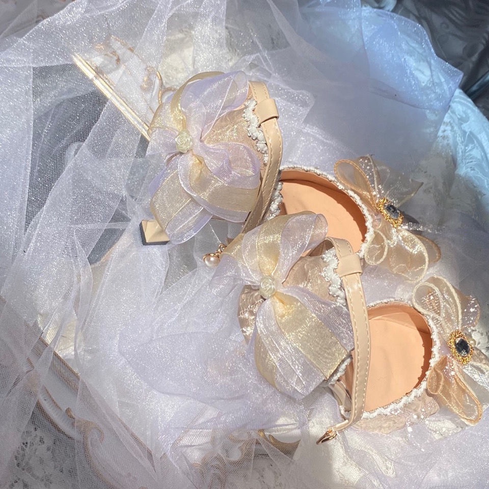 Giày Cao Gót Mũi Nhọn Màu Trắng Sành Điệu Thời Trang Lolita