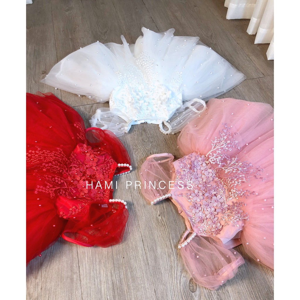 Váy Công Chúa Hạt Trai Ren Hoa Đáng Yêu Cho Bé Gái HAMI PRINCESS ❤️ Tặng Kèm Phụ Kiện