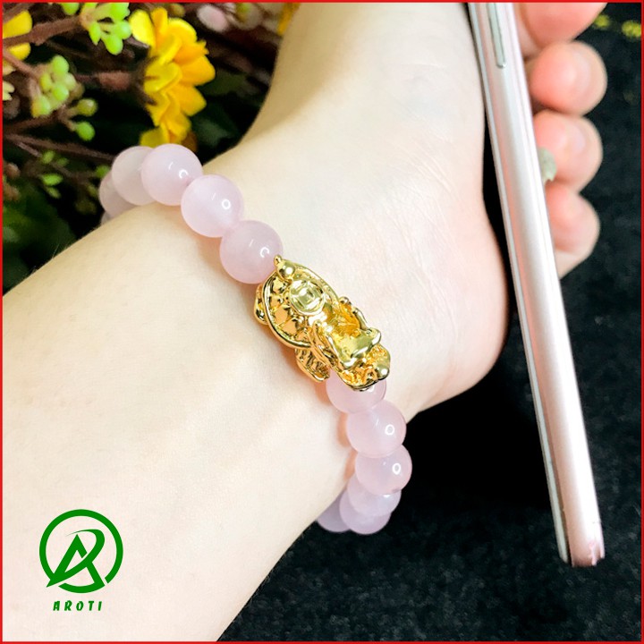 Vòng Tay Phong Thủy Thổ - Vòng Tay Mã Não Hồng 8mm Mix Long Quy Vàng Độc Lạ V379-8