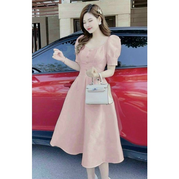 Đầm Dự Tiệc Chất Liệu Tapta Cao Cấp Tay Búp Có Đính Nút