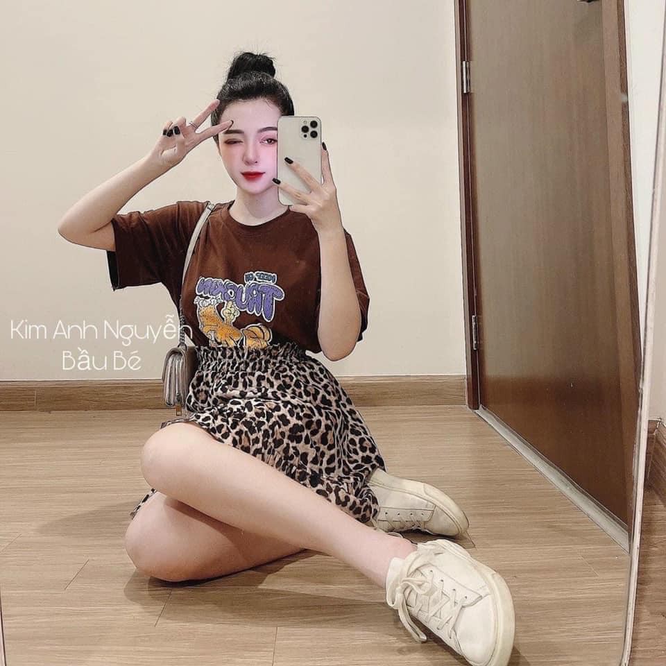 Đồ bộ nữ set áo phông nâu hoat hình mix chân váy báo