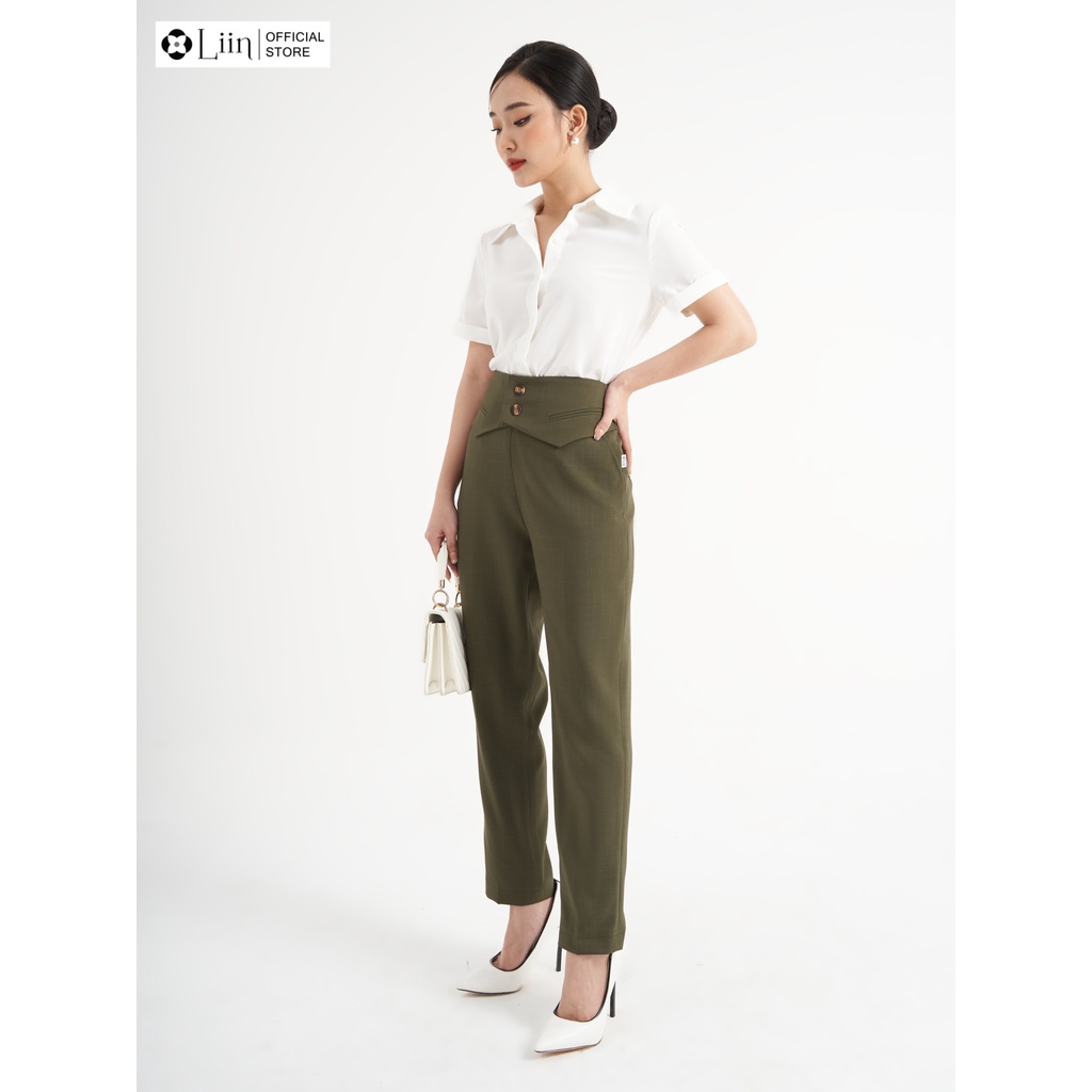 Quần baggy màu Rêu Xước form công sở, cách điệu cạp, khóa sau dễ phối đồ Liin Clothing Q3569