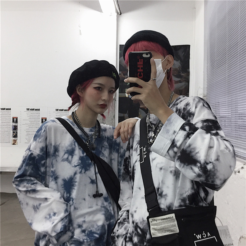 Áo thun tay dài form rộng màu nhuộm kiểu retro Harajuku thời trang mùa thu 2020 cho nữ sinh