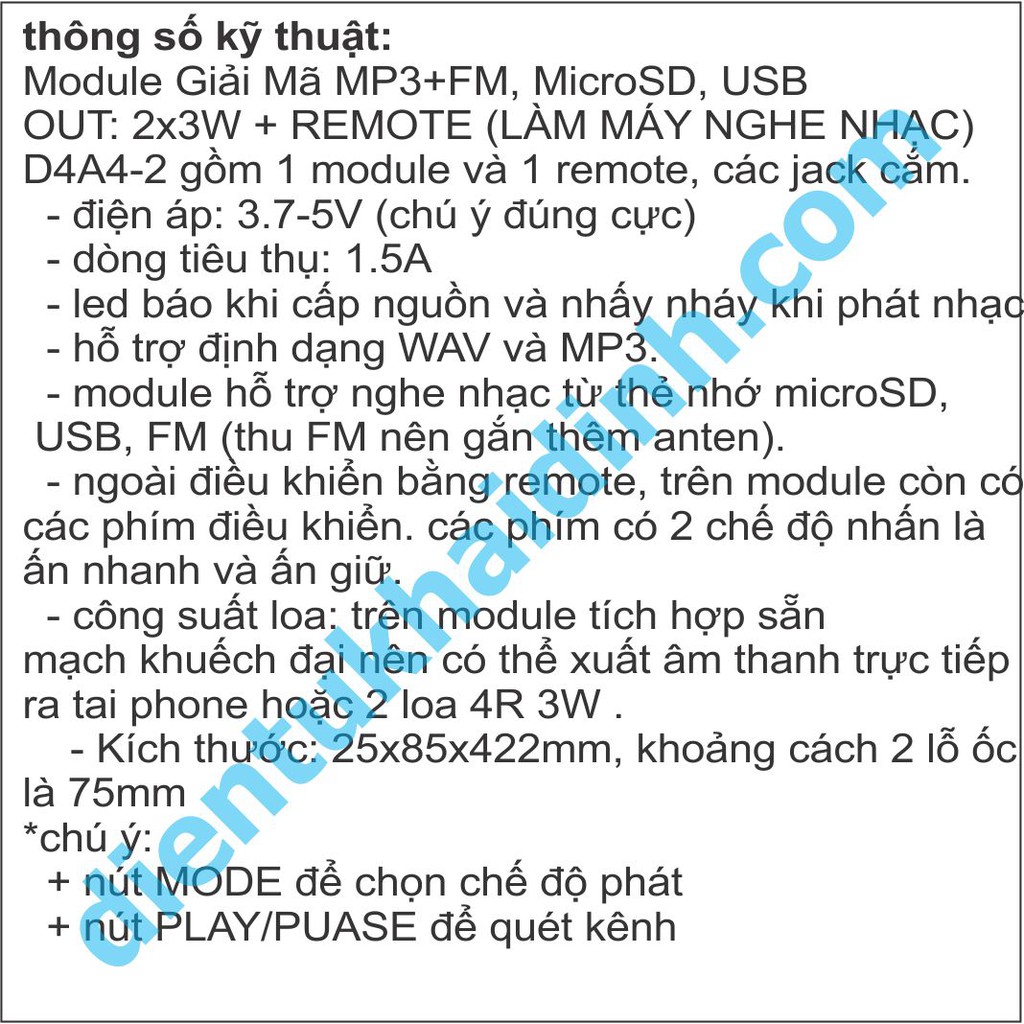 Module Giải Mã MP3+FM, SD, USB, LED + REMOTE (LÀM MÁY NGHE NHẠC) D4A3 kde4333