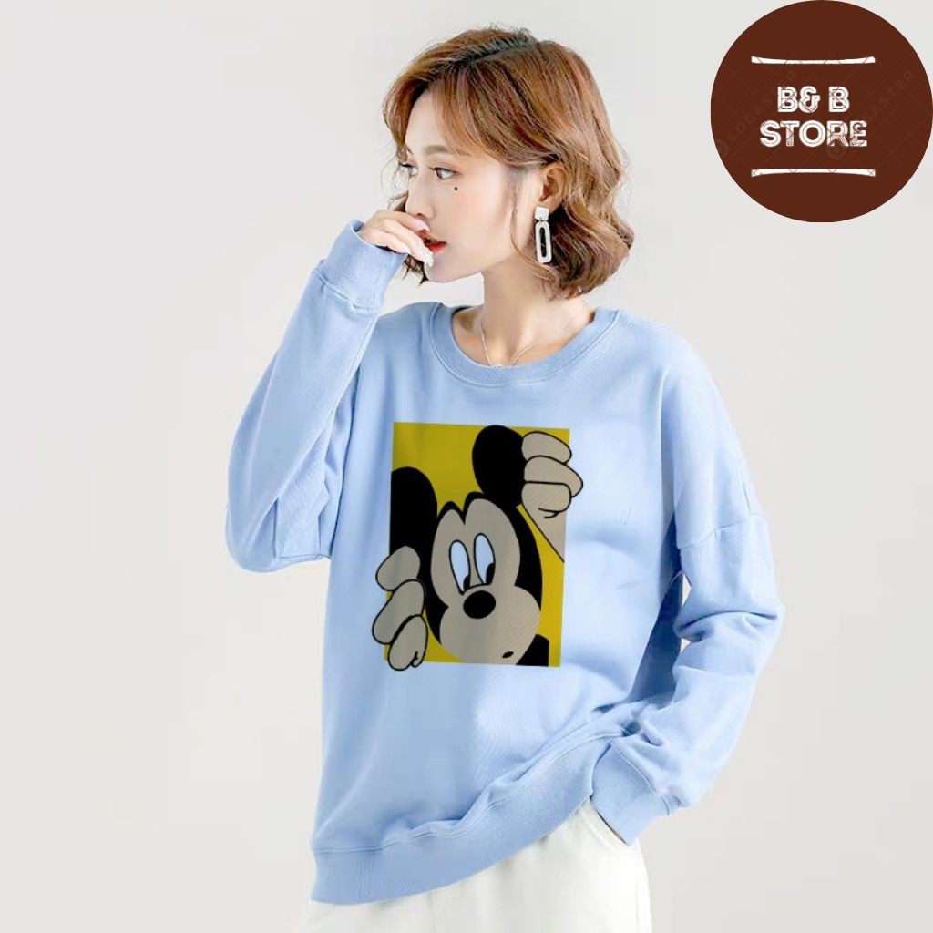 [ STYLE_HÀN ] ÁO SWEATER NỈ UNISEX IN CHUỘT SIÊU DỄ THƯƠNG ÁO FORM RỘNG NAM NỮ HAI MÀU TRẮNG XANH