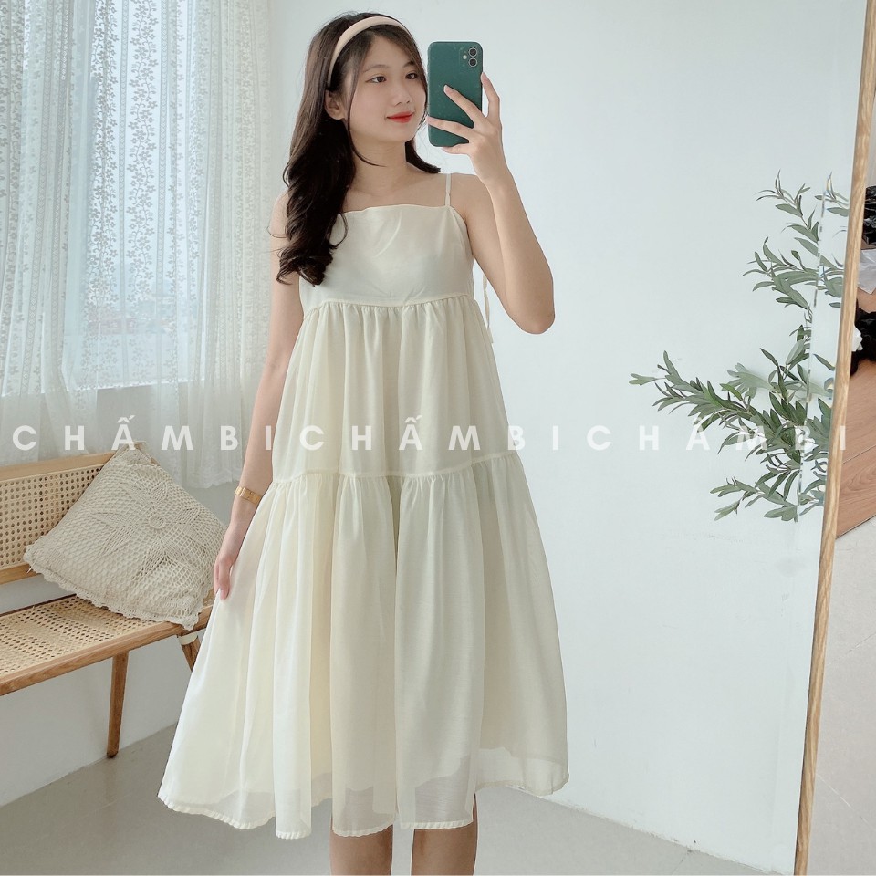 Váy kiểu Hàn Quốc V.069, váy voan tơ hai dây thắt nơ 3 tầng cực xinh | BigBuy360 - bigbuy360.vn