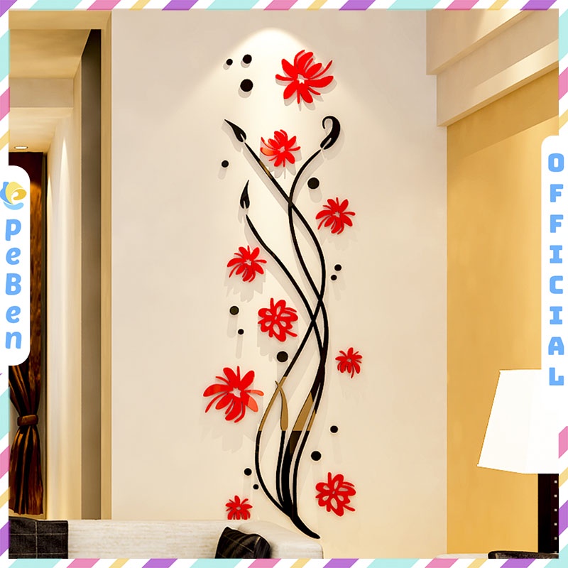 Tranh dán tường mica 3d decor khổ lớn cây hoa bụi đỏ trang trí phòng khách Nhiều Size - EPeBen