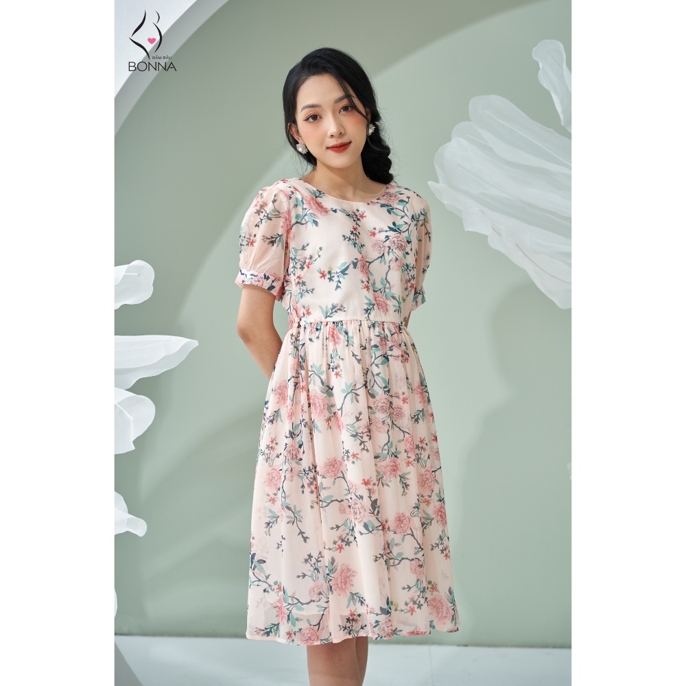 Đầm bầu hoa nhí BONNA dáng babydoll chất voan mỏng mịn, có lớp lót lụa bên trong, thoáng mát, nhẹ nhàng VS028