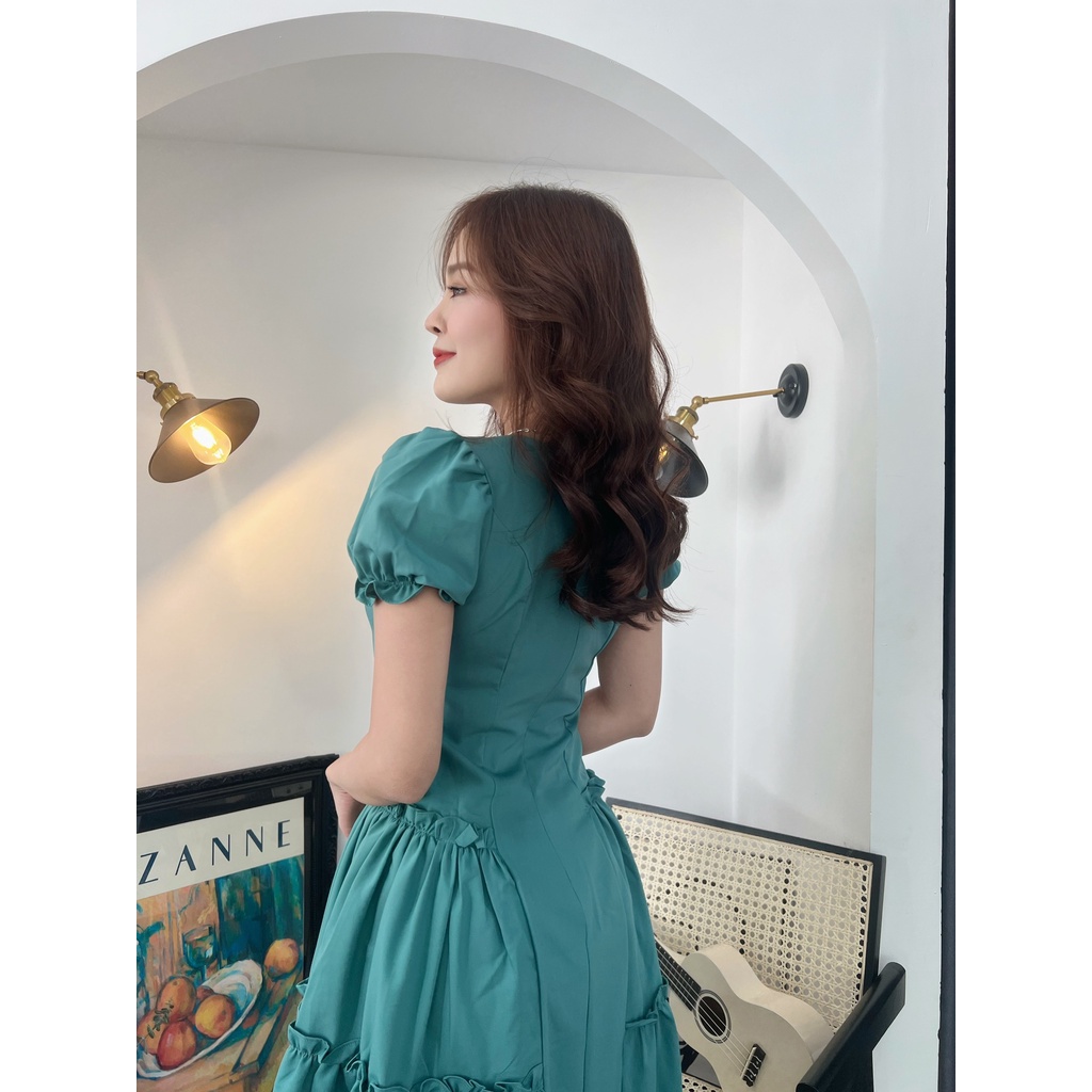 Đầm xòe phối bèo tay phồng bo thun - GR0219 (hình thật shop chụp)