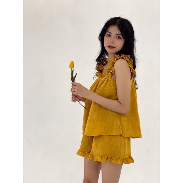 Set bộ tiểu thư đáng yêu chất Muslin cao cấp 2 màu trắng vàng