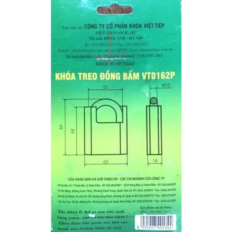 Khoá, ổ khoá việt tiệp đồng bấm chống cắt ngõng 8,10 chính hãng