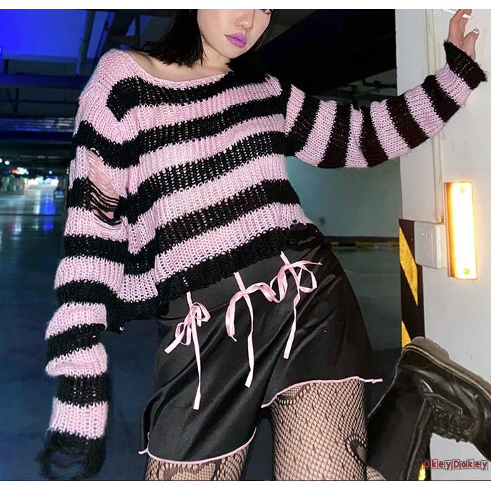 Áo len tay dài cổ tròn họa tiết kẻ sọc màu sắc thời trang cho nữ