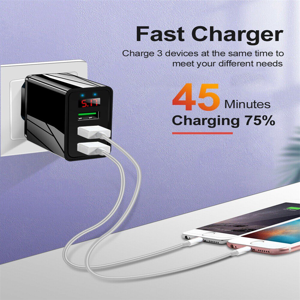 LUCKY Portable Adapter LED Display Power Supply Charger Fast Quick Charge Universal UK EU US Plug 3 Multi-Ports USB Transformer/Multicolor