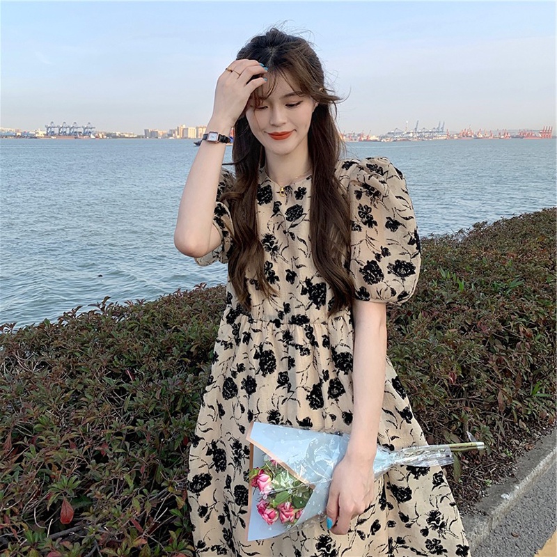 Đầm IELGY dáng dài eo cao tay ngắn in họa tiết hoa cổ điển thời trang dành cho nữ