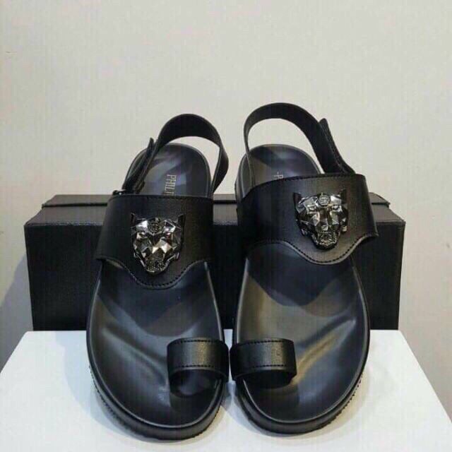 dép da nam sandal xoe nhón logo báo đen đi êm (free ship)