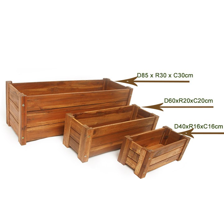Bộ 2 Chậu gỗ trồng cây, chữ nhật D60xR22xC20cm, gỗ tràm chịu nước, tặng 2 hộp dưỡng hoa tươi lâu |Greenhome