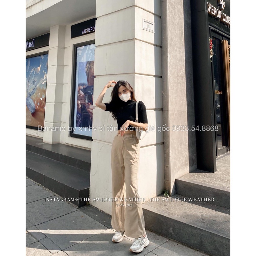 Quần ống loe cạp cao chất nhung tăm dài 100cm hack chân tôn dáng màu đen nâu kem thời trang Banamo Fashion 451 | BigBuy360 - bigbuy360.vn