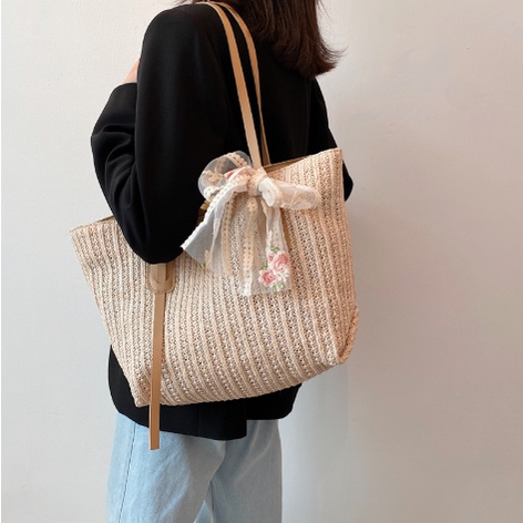 Túi Xách Vintage  Túi Đi Biển Phong Cách Trẻ Trung Phối Ren Nơ