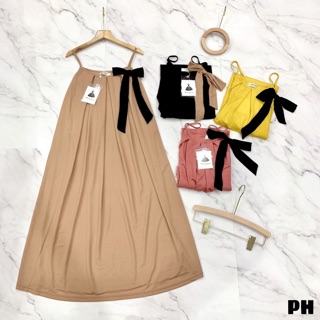 Váy maxi suông 2 dây nơ buộc lệch