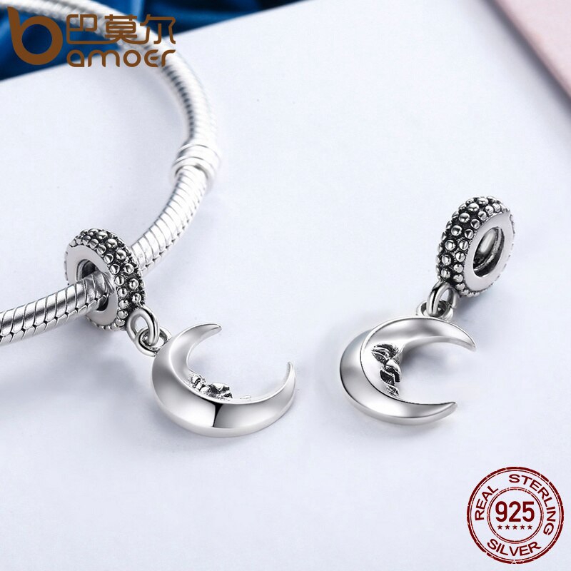 Mặt trang sức BAMOER SCC149 bạc 925 thiết kế hình mặt trăng đáng yêu thời trang độc đáo