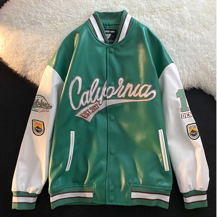 Áo khoác bomber da PU thêu chữ logo bóng chày màu cực độc unisex nam nữ hip hop