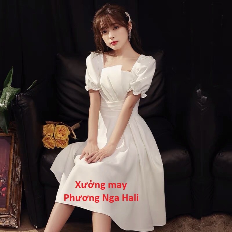 ĐẦM XÒE DỰ TIỆC CHẤT VẢI ĐẸP XƯỞNG MAY PHƯƠNG NGA HALI -VÁY TRẮNG ĐI CHƠI CÔNG SỞ XẾP LY EO TAY HOA SANG TRỌNG | BigBuy360 - bigbuy360.vn