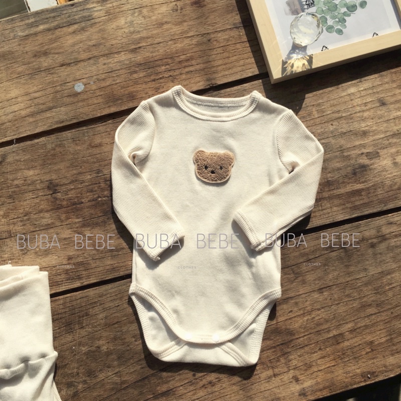 Set body chip 3 chi tiết unisex cotton gân thêu gấu + quần cạp cao vải xuất Hàn. Phù hợp cho cả bé trai, gái