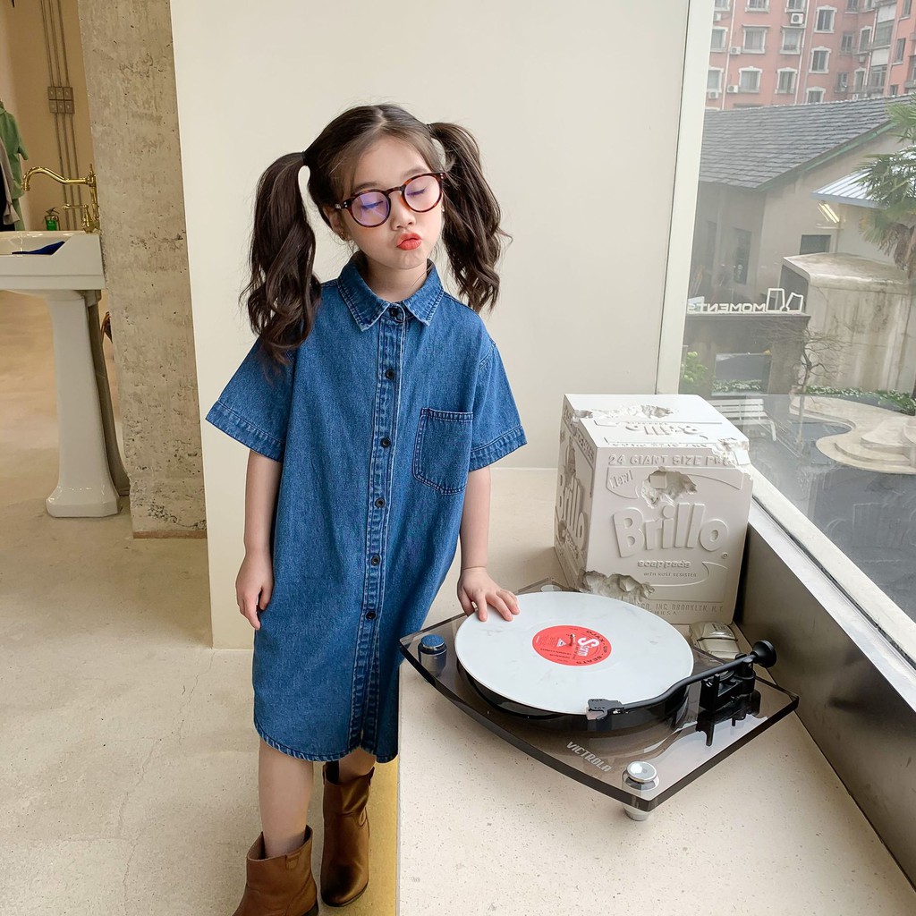 Đầm Jean Mỏng Dáng Suông Mùa Hè Cho Bé Gái Từ 2-7 Tuổi Candy House - Váy Cộc Tay Cho Bé Chất Jean Denim Mát Nhẹ