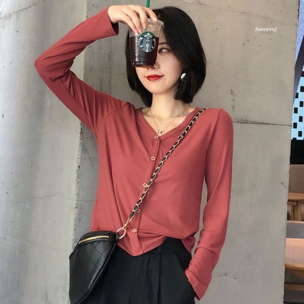 Áo thun len nữ tay dài cổ tim 5 cúc thời trang hàn quốc