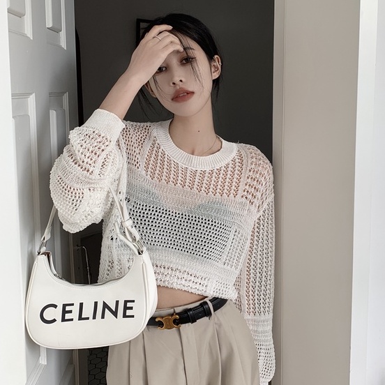 NUZIRO  Áo Len Tay Dài Phối Lưới Thời Trang Cho Nữ