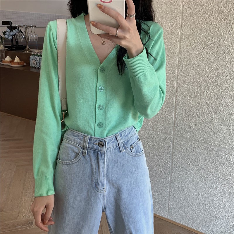 Áo Cardigan Len Mỏng Tay Dài Cổ Chữ V Màu Sắc Ngọt Ngào Thời Trang Mùa Hè Cho Nữ | BigBuy360 - bigbuy360.vn