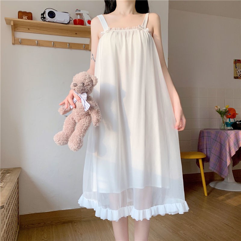 Đầm Ngủ Hai Dây Màu Trắng Kiểu Công Chúa Hàn Quốc Dễ Thương Cho Nữ 2021