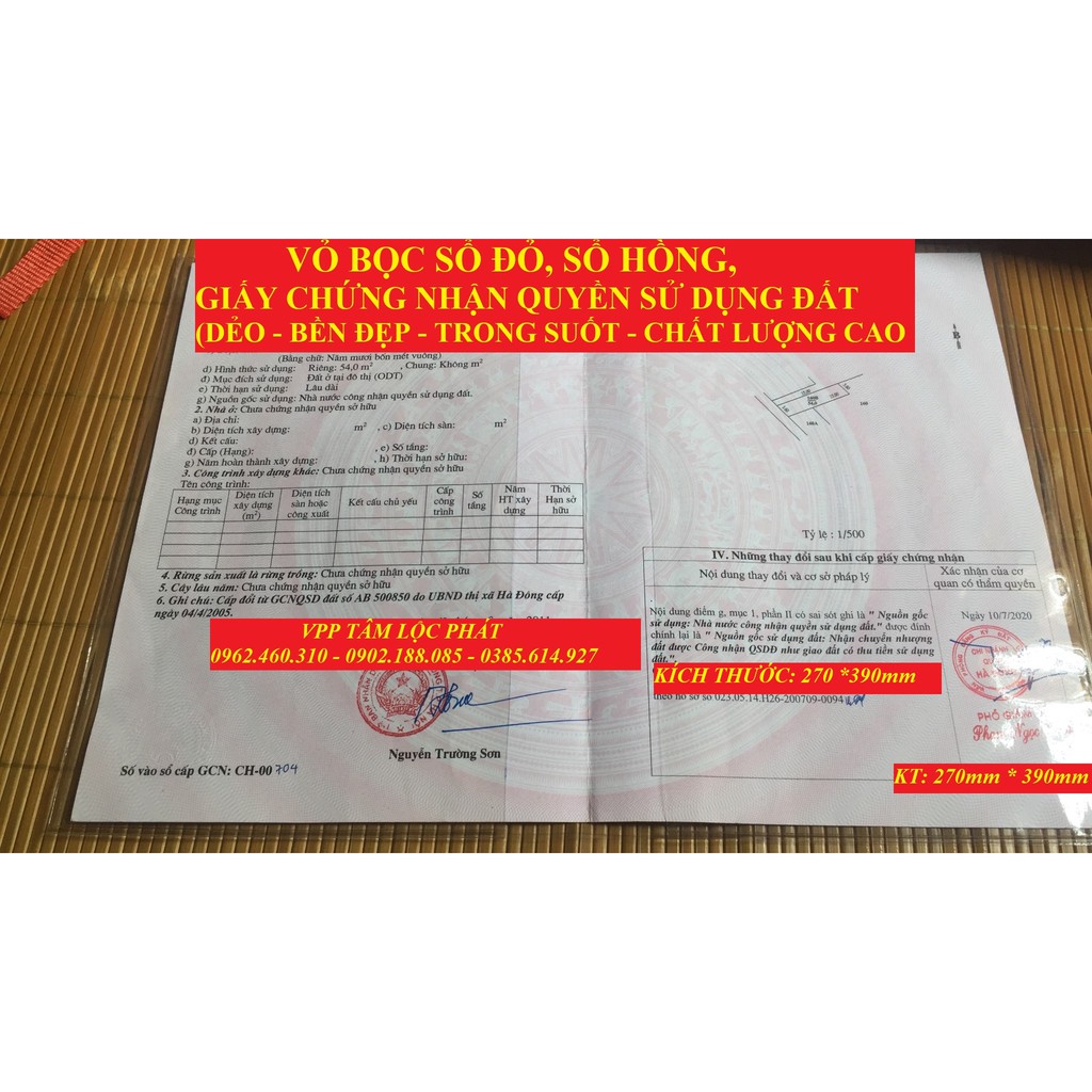 COMBO 3 VỎ BỌC SỔ ĐỎ, sổ hồng, Giấy chứng nhận quyền sử dụng đất KT 275*390mm, nhựa PVC dẻo, trong suốt