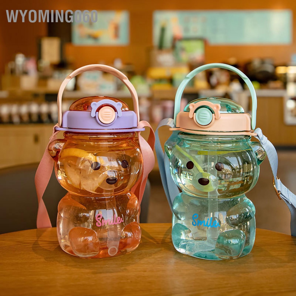 Bình Nước Cỡ Lớn Có Ống Hút Và Dây Đeo Điều Chỉnh Được Họa Tiết Gấu Dễ Thương