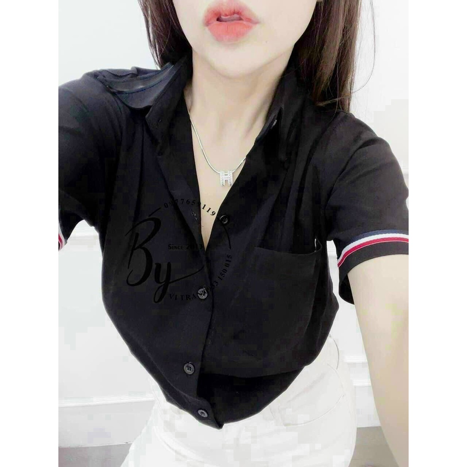 Áo sơ mi nữ tay ngắn sọc cổ bẻ phối túi nhỏ xinh 48