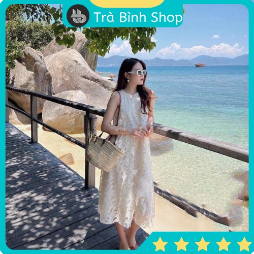 Váy ren trắng cổ yếm dáng dài, đầm ren trắng cổ yếm thêu họa tiết hoa nổi dáng xòe tiểu thư