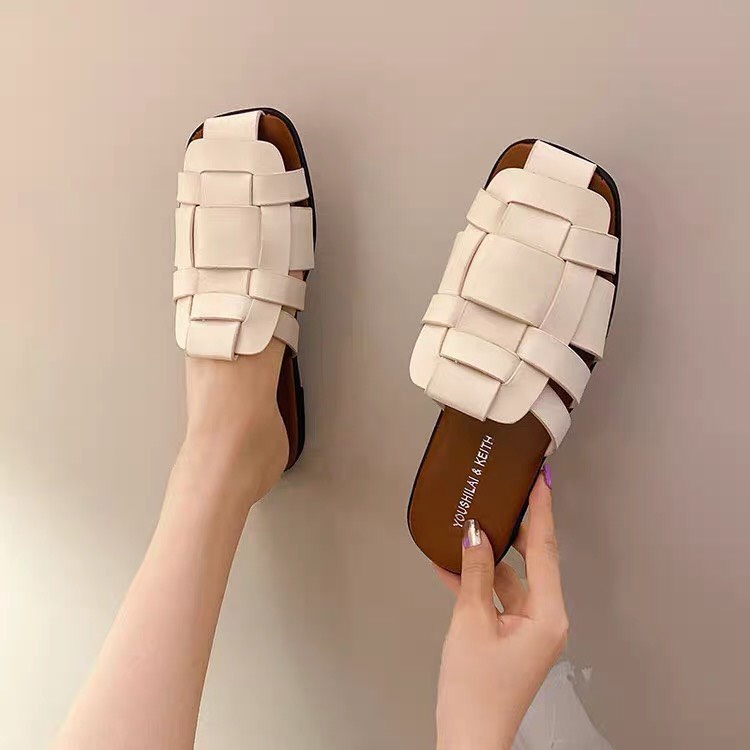 Dép Đế Bằng Mũi Vuông Thời Trang Cho Nữ-Sục đan dây da mềm