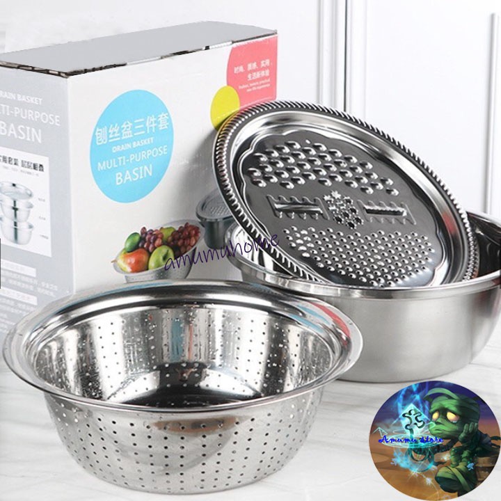 (siêu tiện dụng)Bộ rổ inox kèm nạo rau củ inox 3 chi tiết