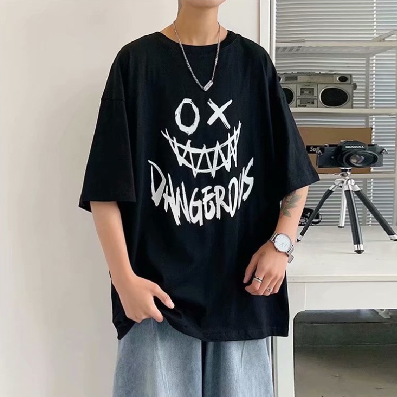 Áo thun tay ngắn cổ tròn dáng rộng in hình và chữ thời trang Hàn Quốc cỡ M-5XL cho nam