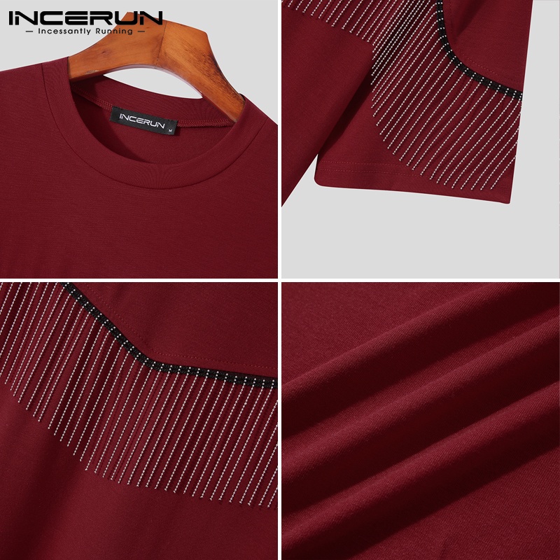 Áo thun INCERUN ngắn tay cổ tròn phối tua rua 3 màu tùy chọn phong cách thời trang cho nam