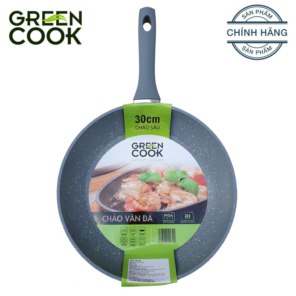 Chảo vân đá Green Cook đáy từ chống dính (đường kính 22 24 26 28 30cm) - Hàng chính hãng