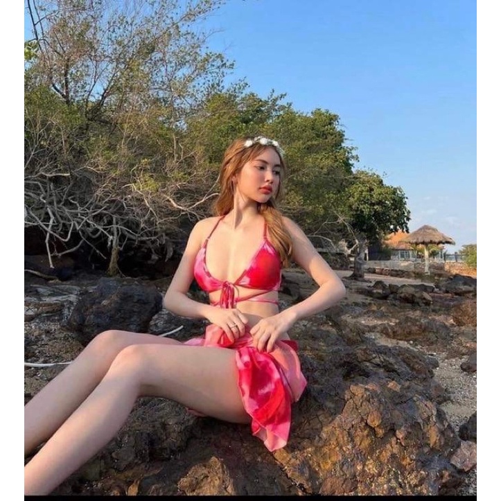 [Ảnh Thật Kèm Feedback ] Set bikini 3 món loang đỏ kèm khăn voan cao cấp