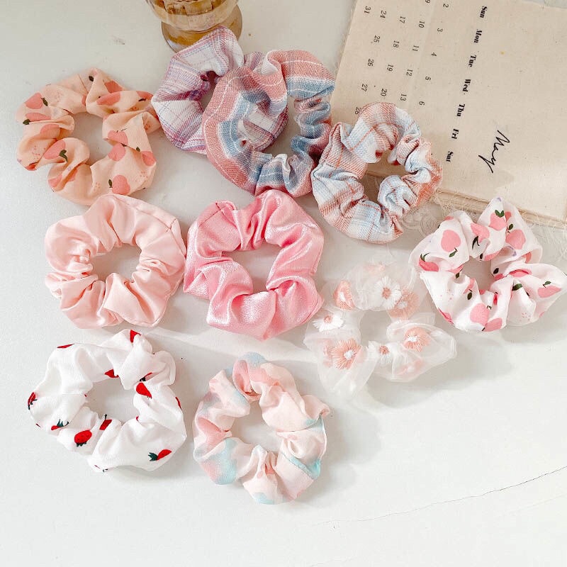 Set dây buộc tóc scrunchies chun cột tóc vải họa tiết phong cách vintage