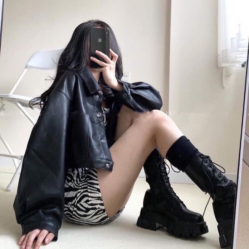 Áo Khoác Da Croptop Tay Bo Cúc Bấm